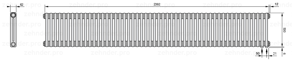 Схема (чертеж) Радиатор Zehnder Charleston 2050/52 №5510 Белый глянцевый RAL 9016